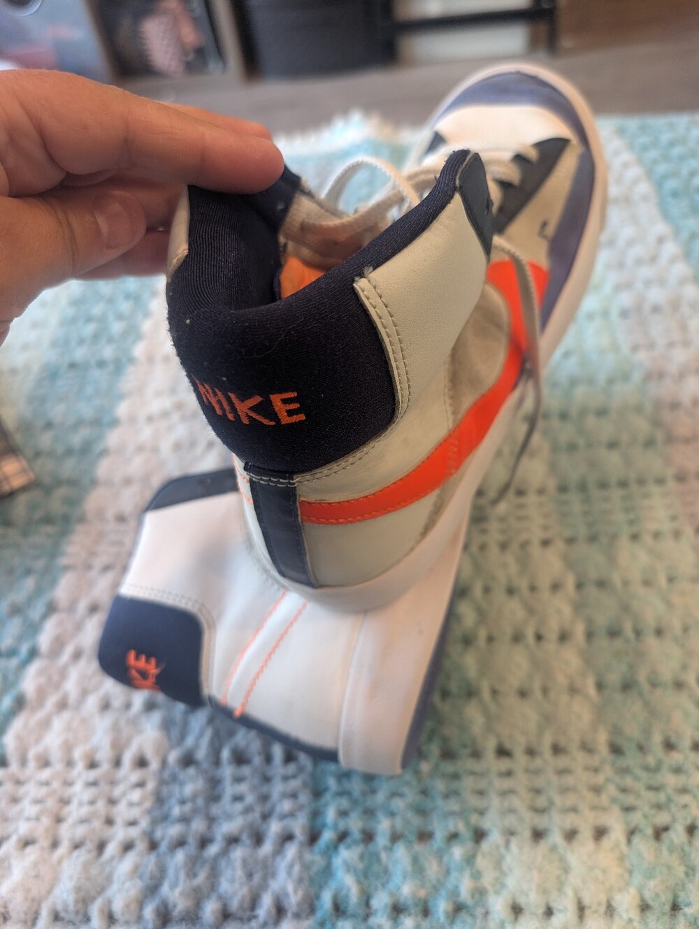 Nike Kids High-Top Sneakers - White, Navy & Orange Size 6.5